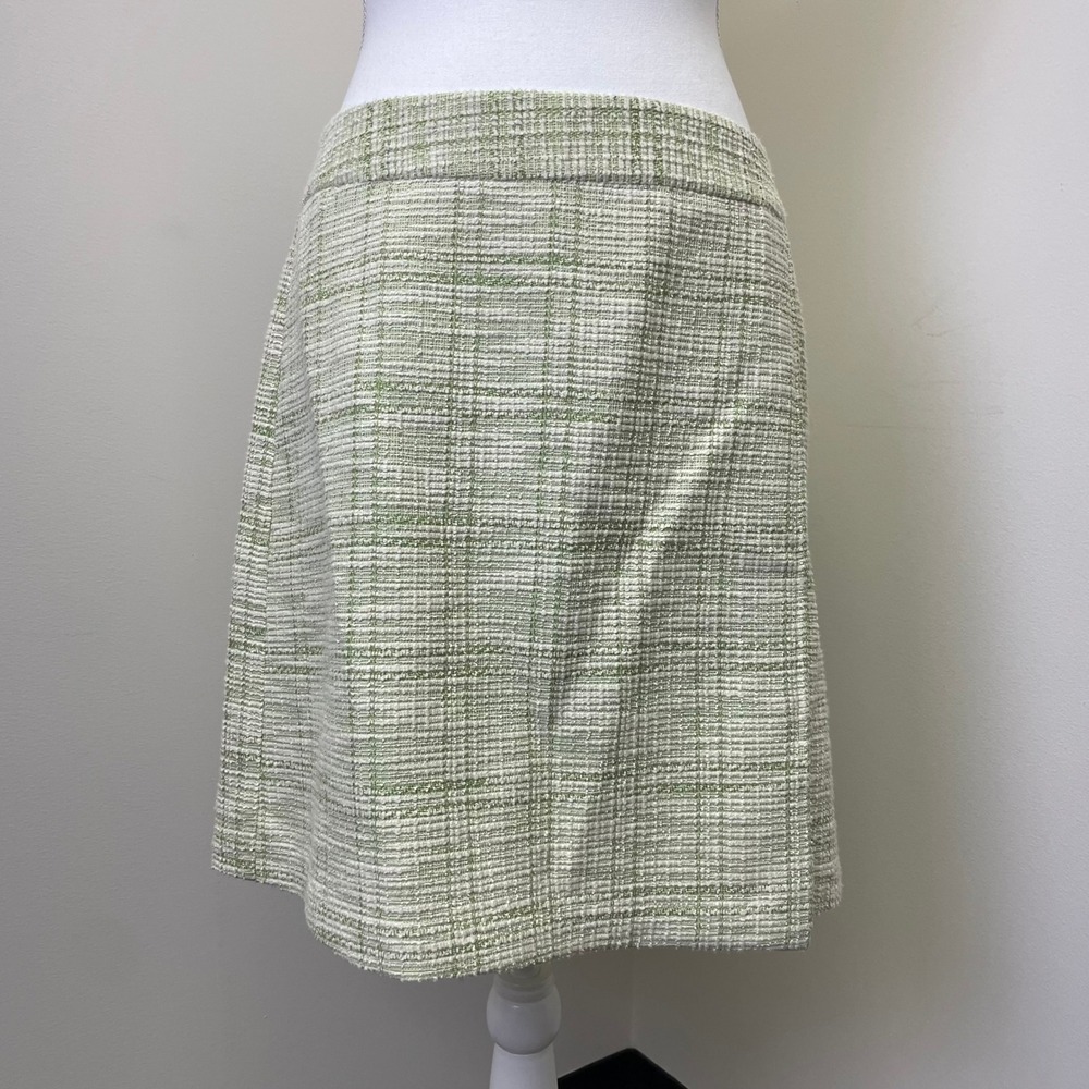 NEW LOFT Outlet Green White Plaid Tweed Mini Skirt Size 8 Boucle Wrap Style - Picture 8 of 12